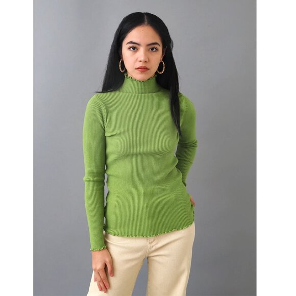 Stretchy Brown Ribbed Knit Lettuce Trim Sweater Top - Picture 5 of 5